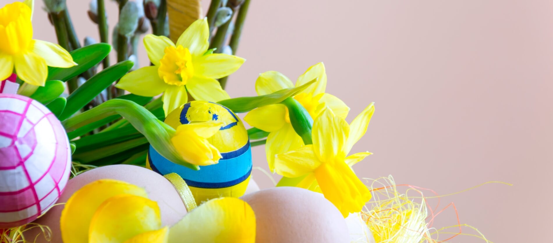 Easter themed setting of yellow daffodils and decorative eggs
