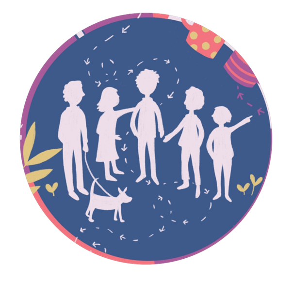 Family of five with a dog in a circle