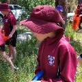 Asmallgroupoflocalstudentsintheirmaroonuniformswalkingthroughthebushlandontheirschoolgroundswithrubbishpickersandorangebagscollectingrubbish