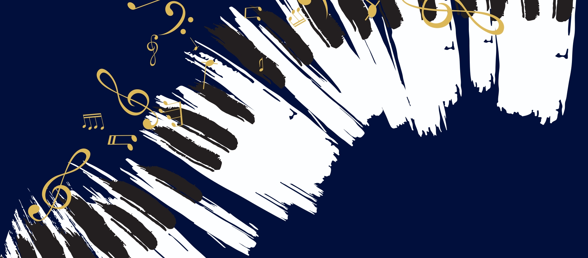 Header image for 2022 Morning Music events at KPAC - has piano keys and music notes on a dark blue background