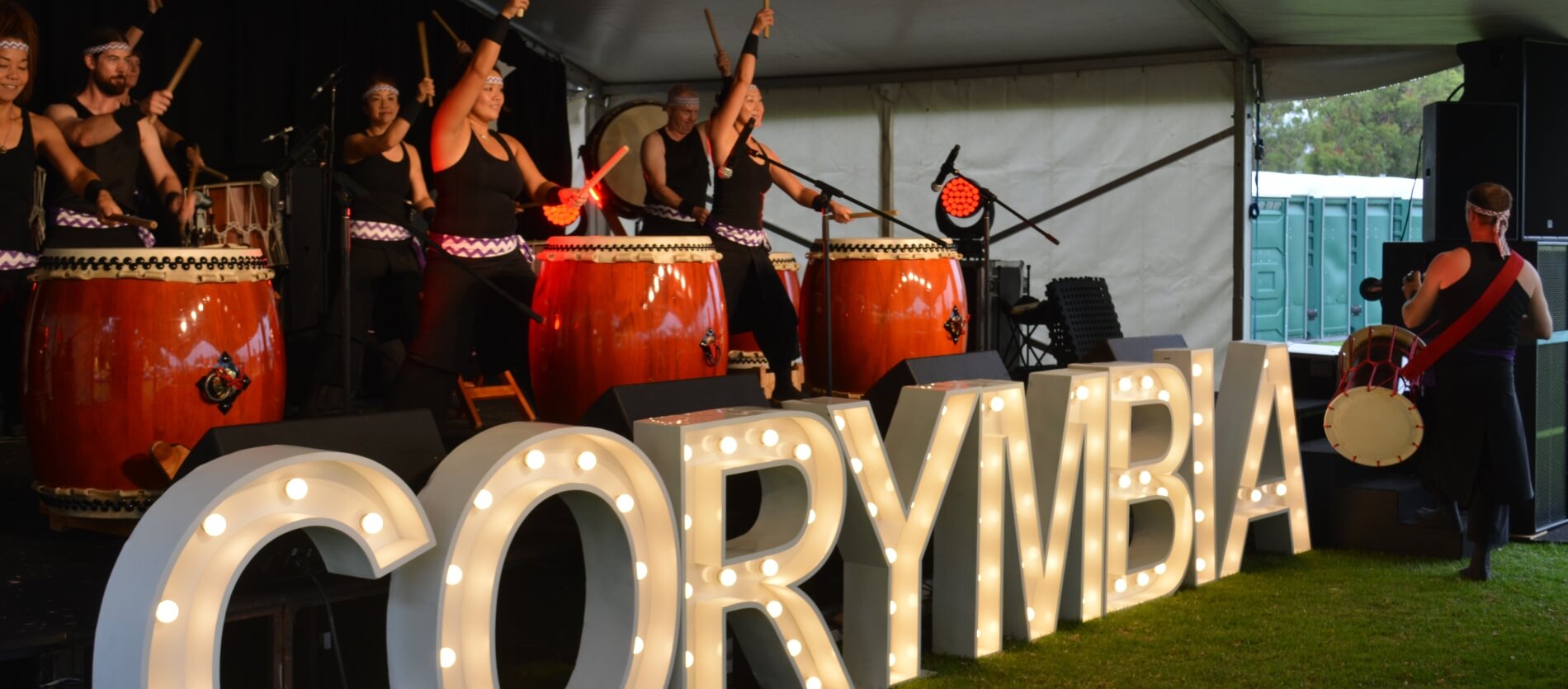 Stage of Japanese drummers performing on the stage at the Corymbia Multicultural Festival held at Forrestfield.