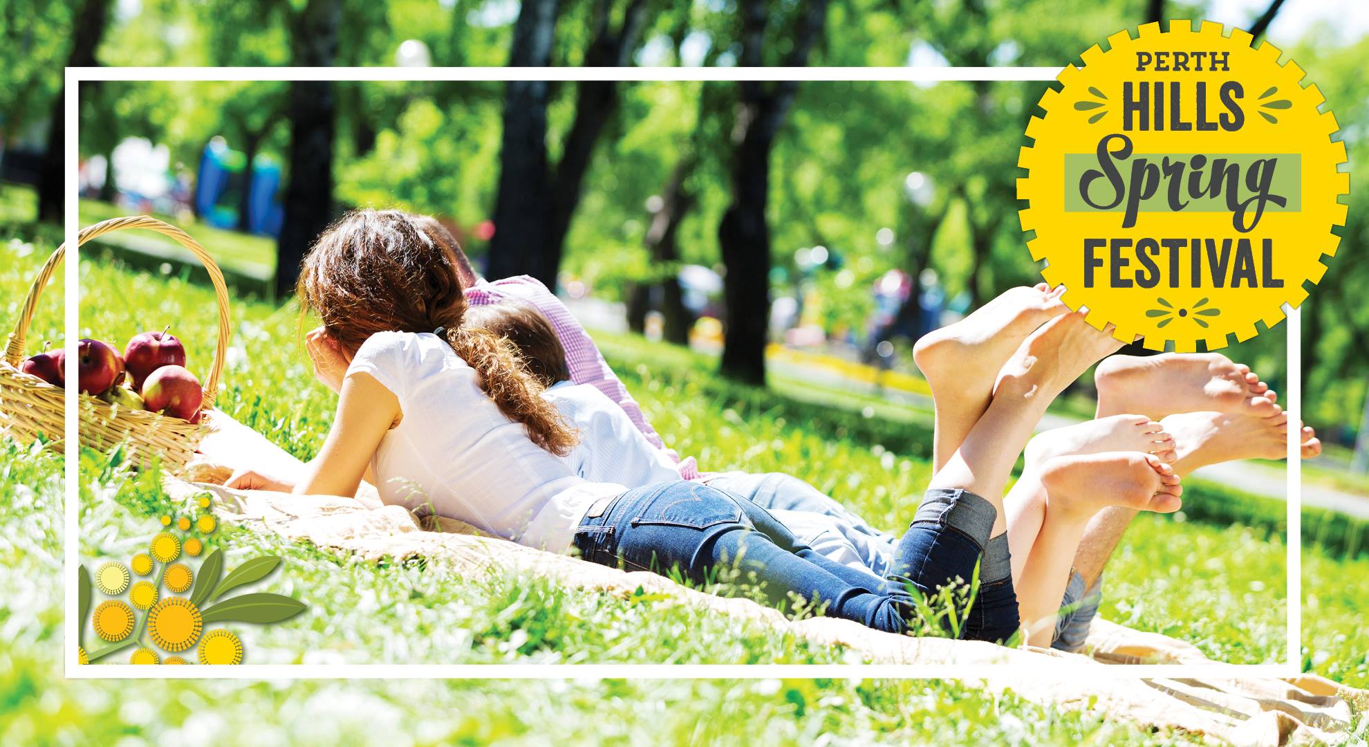 Promotion for Perth Hills Spring Festival - three people laying on grass enjoying fresh apples in the park