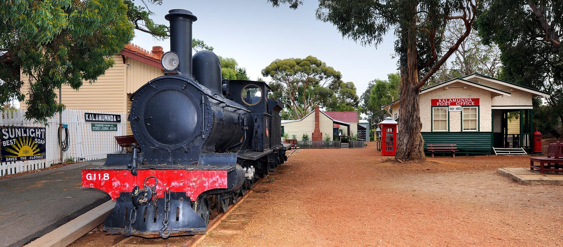 View of the Kalamunda History Village including the steam train and other outbuildings
