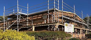 Scaffolding surrounding Kalamunda Library whilst it is being re-roofing in February 2020