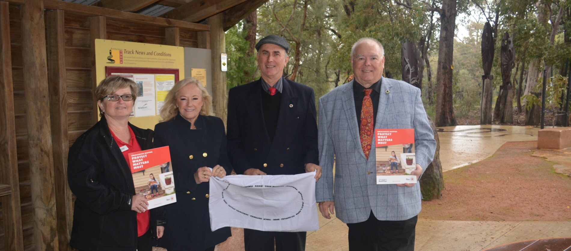 Promoting the Perth Hills Preparedness Project, from left Claire Silverira (Red Cross), City of Kalamunda Mayor Margaret Thomas, Shire of Mundaring President John Daw and City of Swan Deputy mayor David Lucas