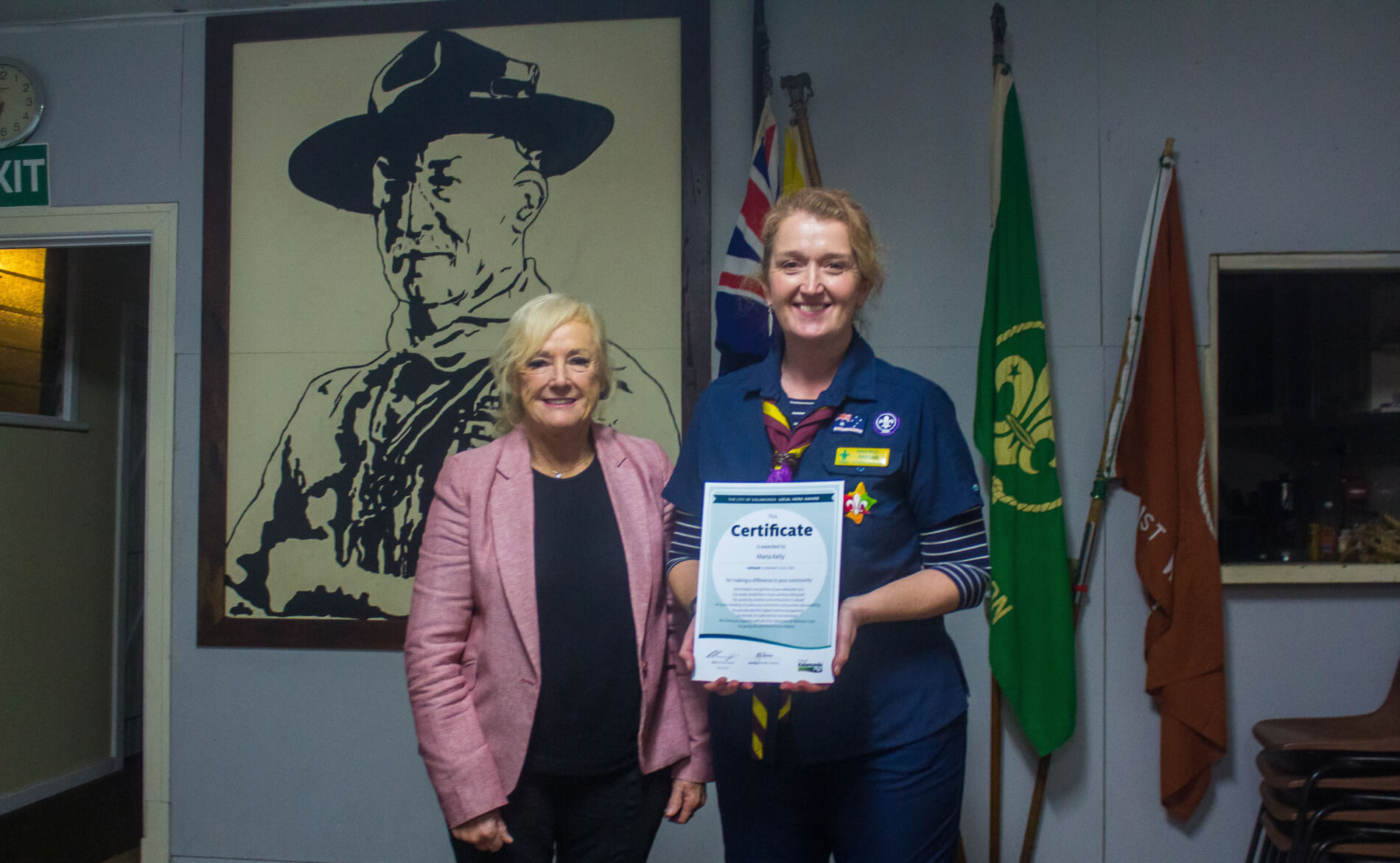 1st Walliston Scout Group - Maria Kelly receiving Local Hero award from Mayor Margaret Thomas (July 2022)