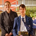 Mazenod College Year 9 classroom teacher, Ms Jessica Hewett with Cooper Rullo, Local Hero Award winner