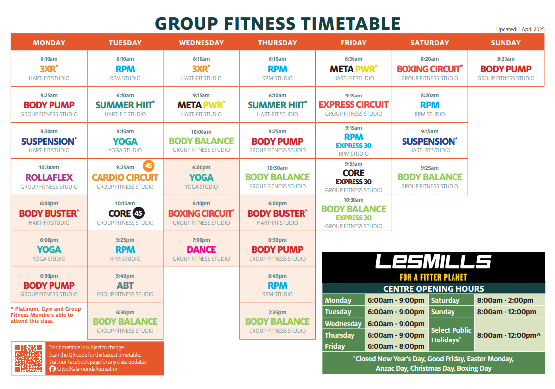 group fitness time table