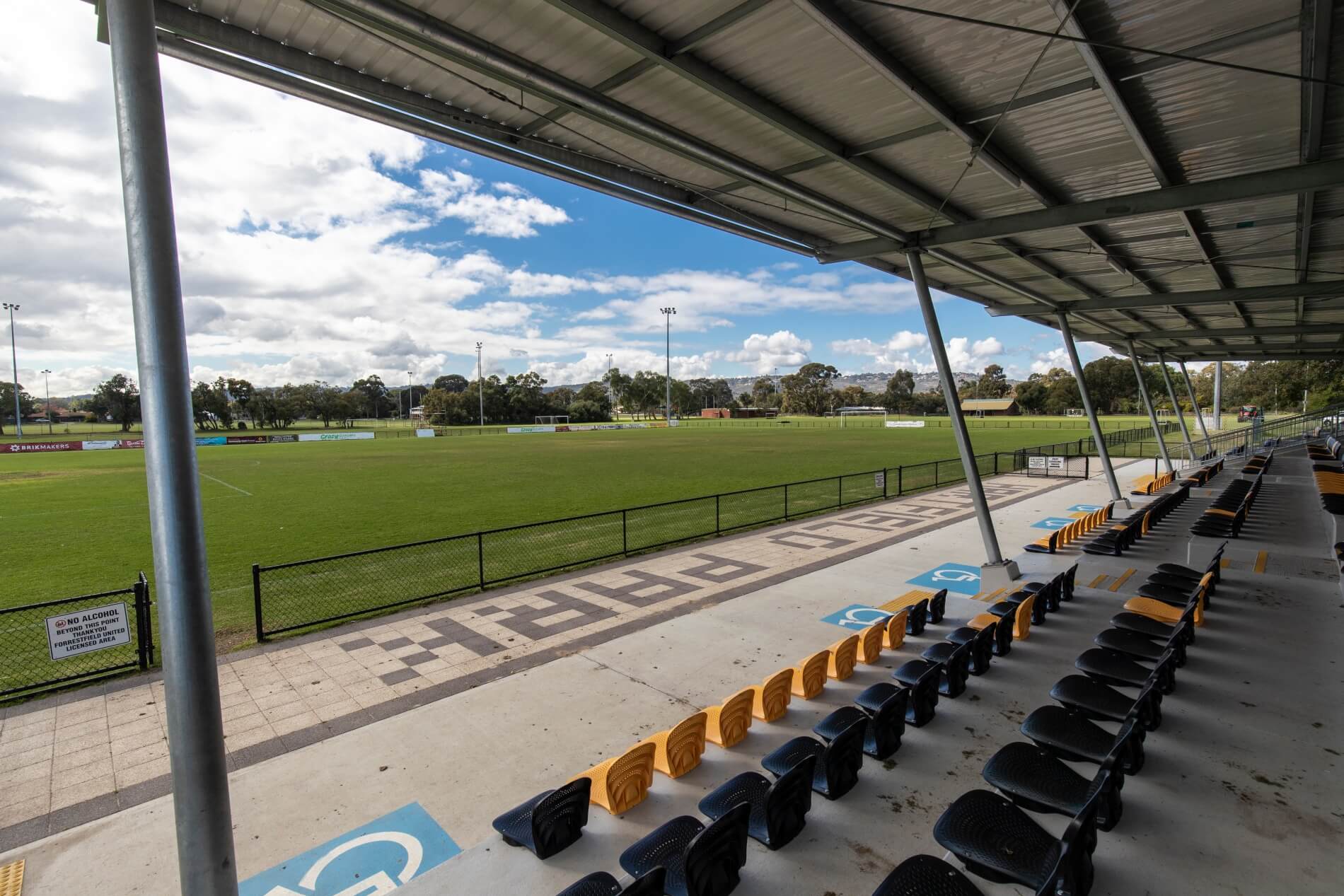 View of the fields from soccer stadium seats at Hartfield Park Recreation Centre