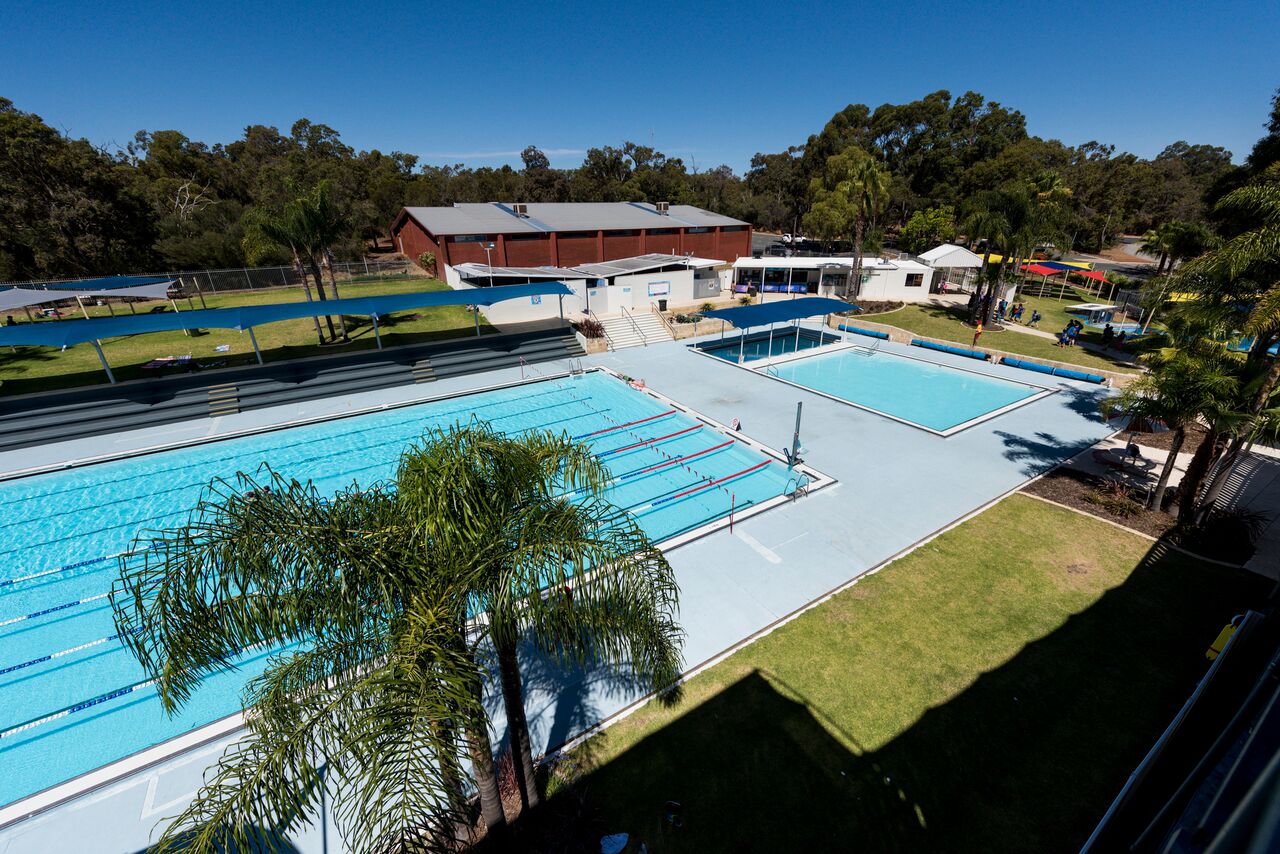 Aerial Shot of 50m and smaller pool from slides platform (2)